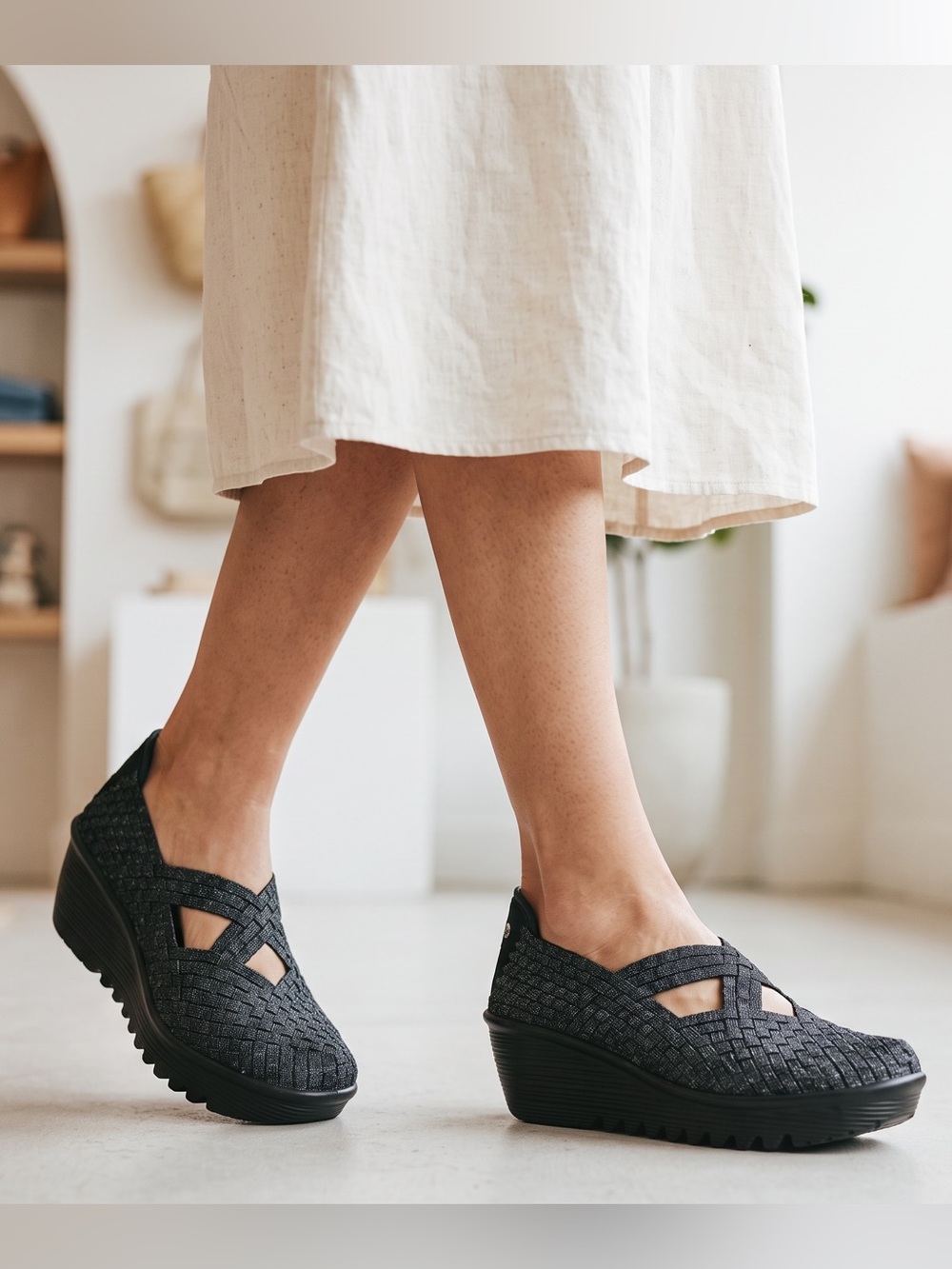 Bernie Mev Cleopatra Black Shimmer Woven Platform Mary Jane Wedges